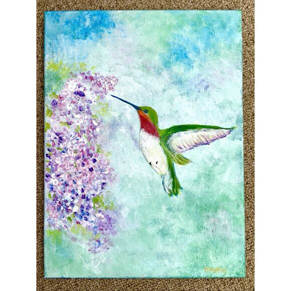Art original Acrylic Canvas painting 12 X 16 "Hummingbird Flight” Unframed - Picture 1 of 6